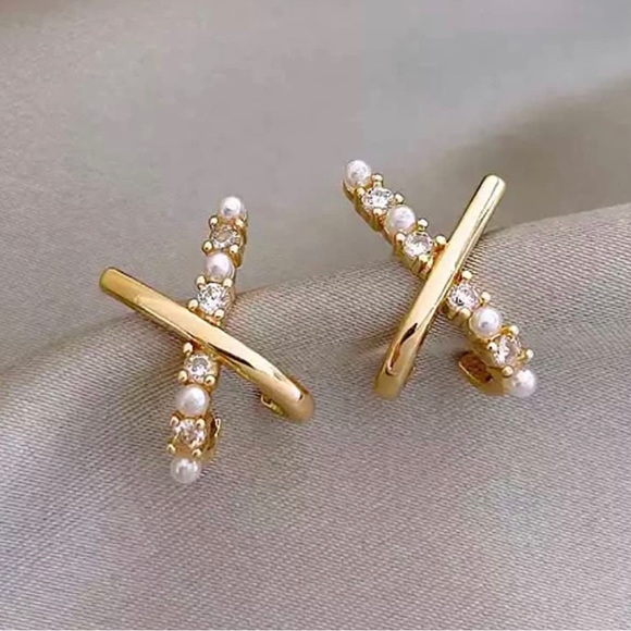 Gold Plated Cross Shaped Pearl and Zircon Stud Earrings - Picture 5 of 9